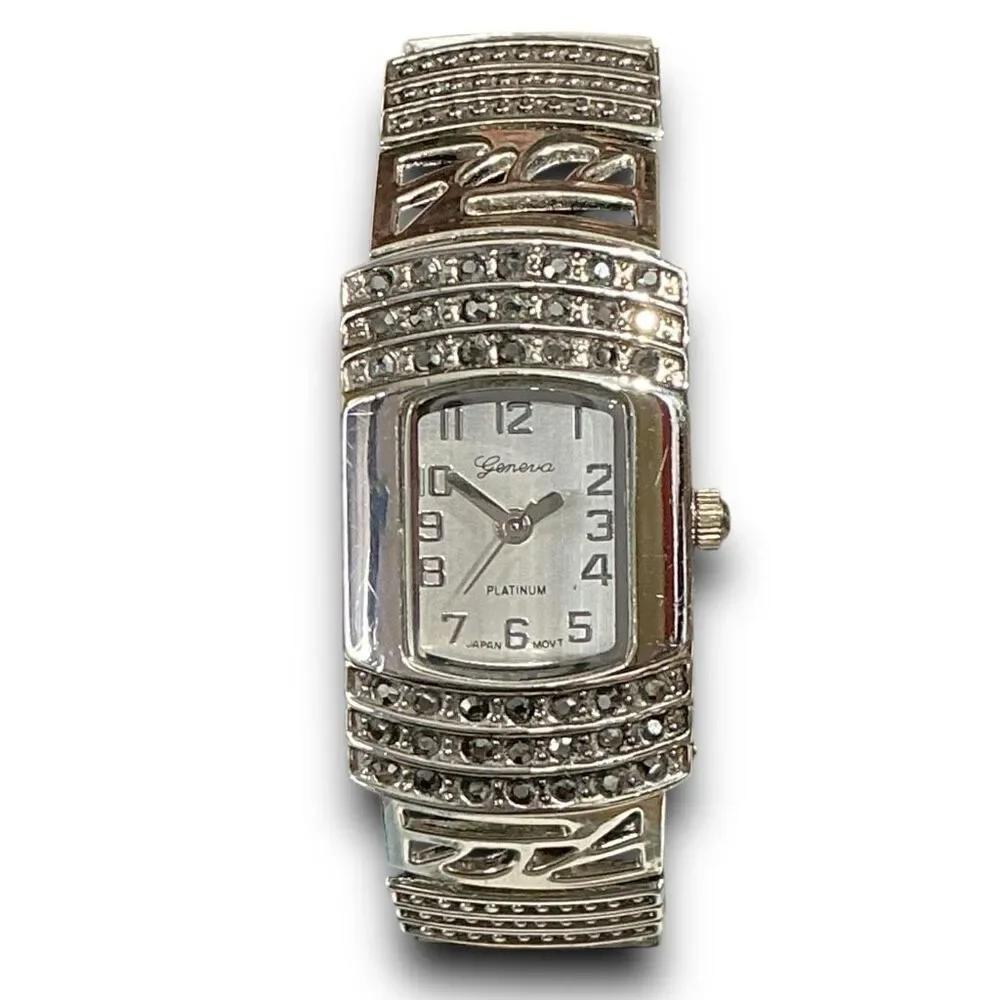 Geneva Y2K Vintage Platinum with Back & Crystal Rhinestones Tonneau Shaped Face